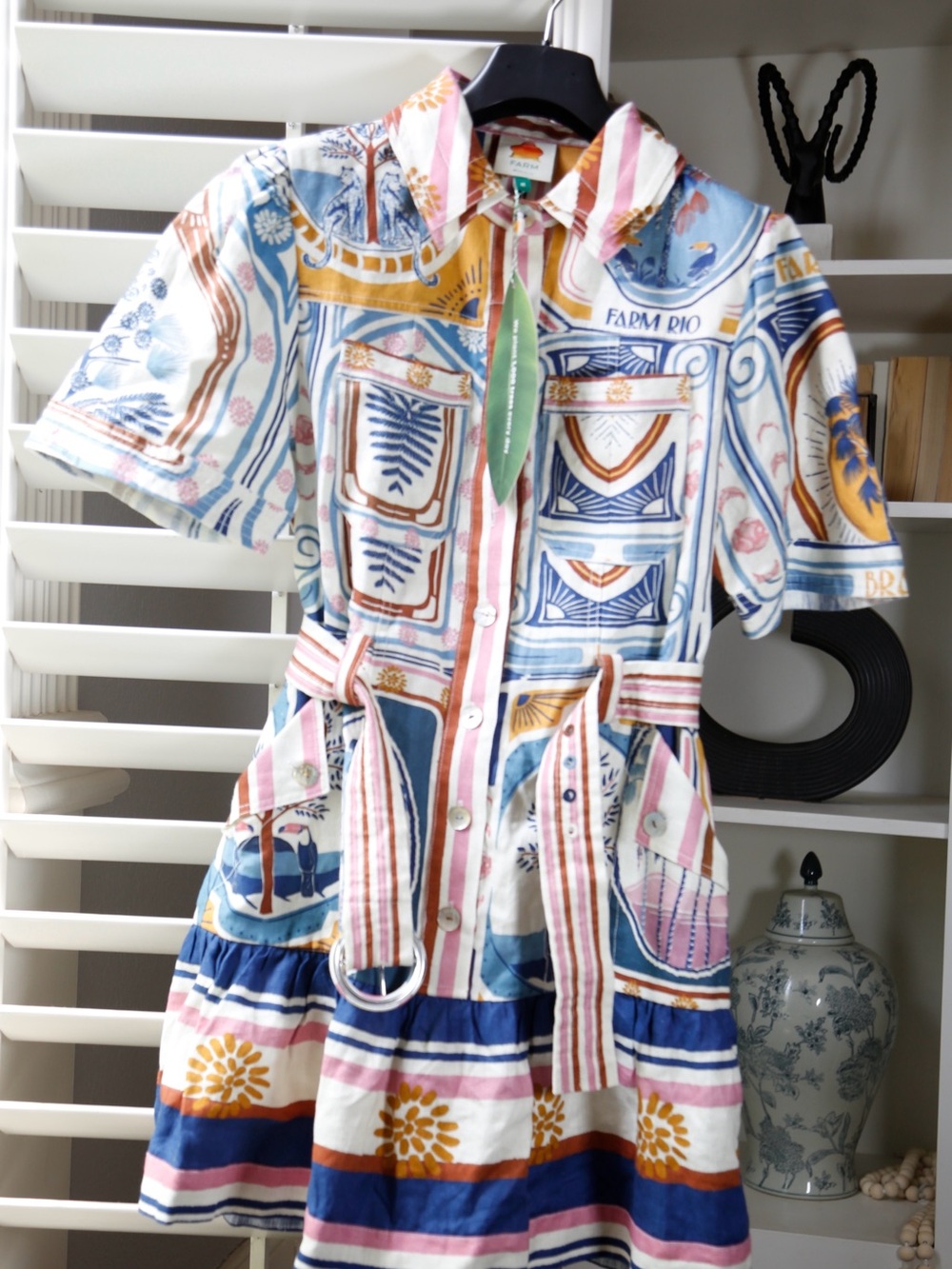 FARM Rio Blue Pink White Striped & Printed Asymmetrical Dress